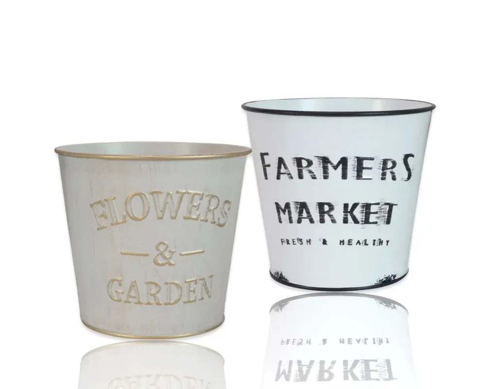 Set 2 Farmers Market Metal Planter Round Assort 14cm