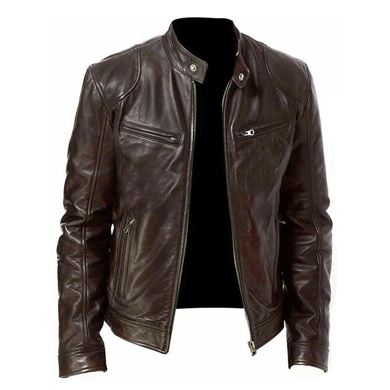 Men's PU Motorcycle Leather Jacket Slim Fit Zipper view 2