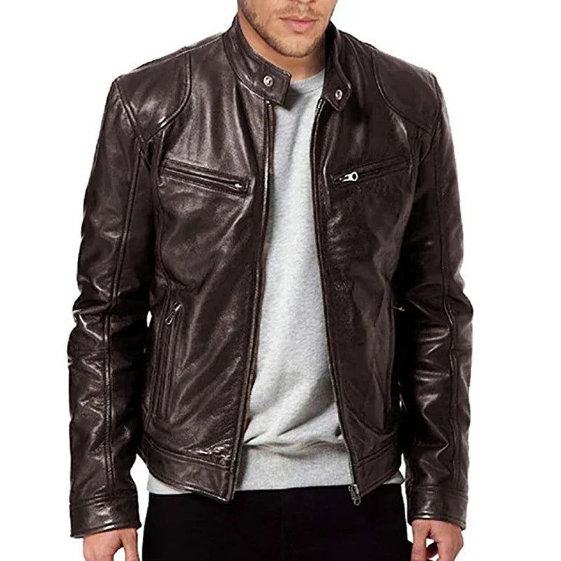 Men's PU Motorcycle Leather Jacket Slim Fit Zipper view 3