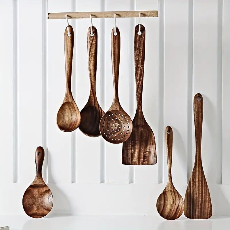 7-Piece Natural Teak Wooden Spoons for Cooking Set