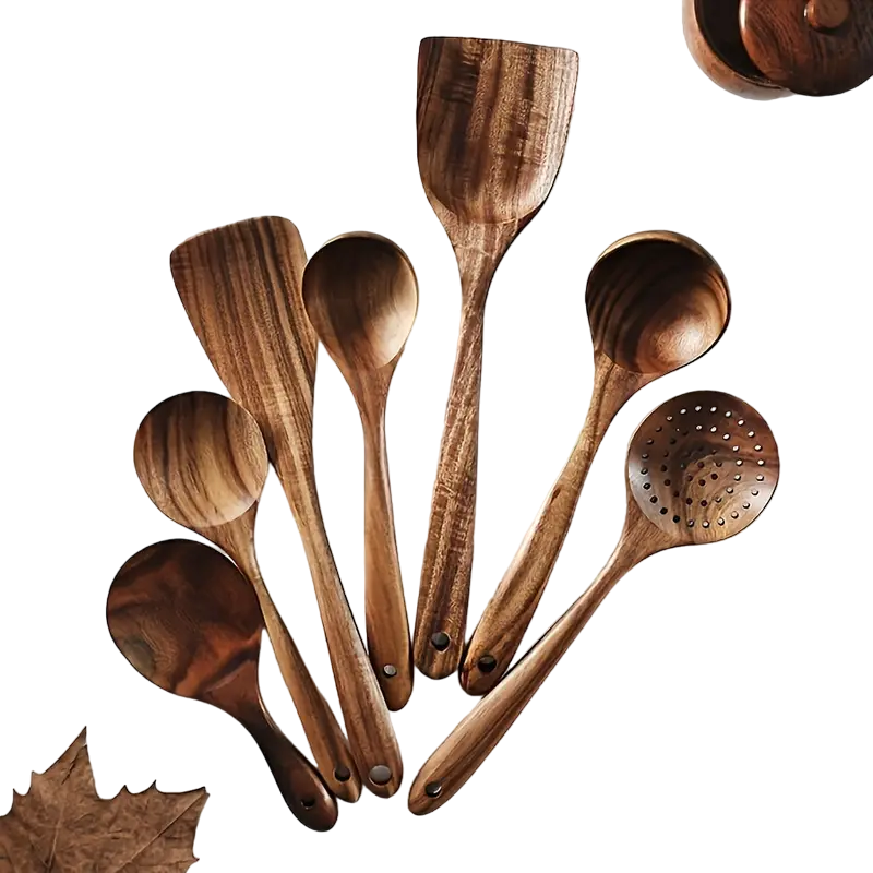 7-Piece Natural Teak Wooden Spoons for Cooking Set view 2