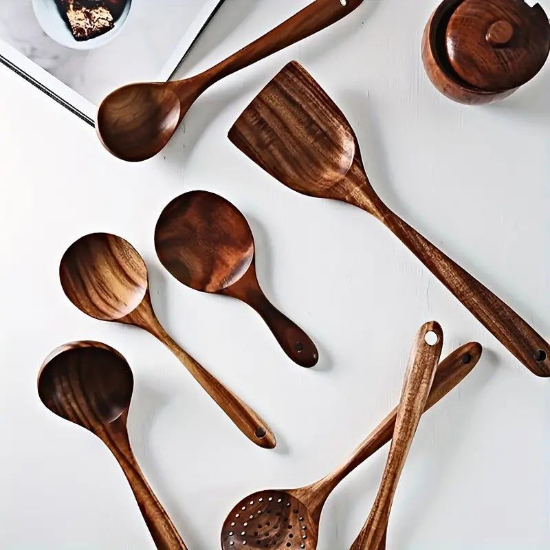 7-Piece Natural Teak Wooden Spoons for Cooking Set view 4