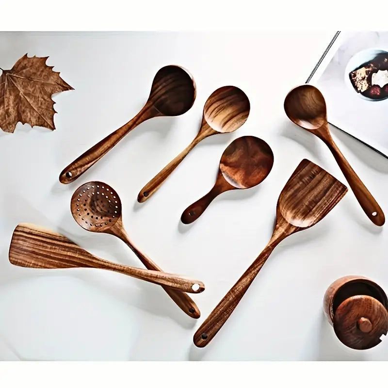7-Piece Natural Teak Wooden Spoons for Cooking Set view 5