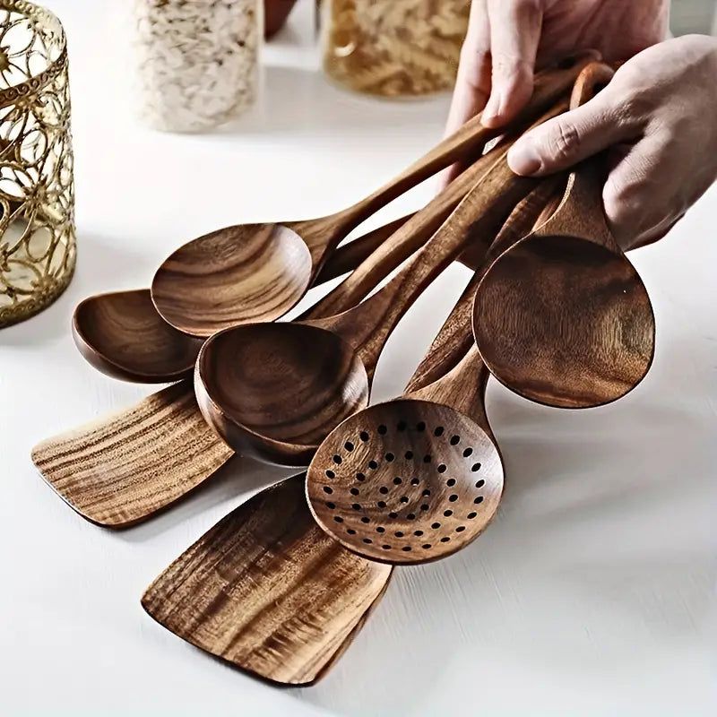 7-Piece Natural Teak Wooden Spoons for Cooking Set view 8
