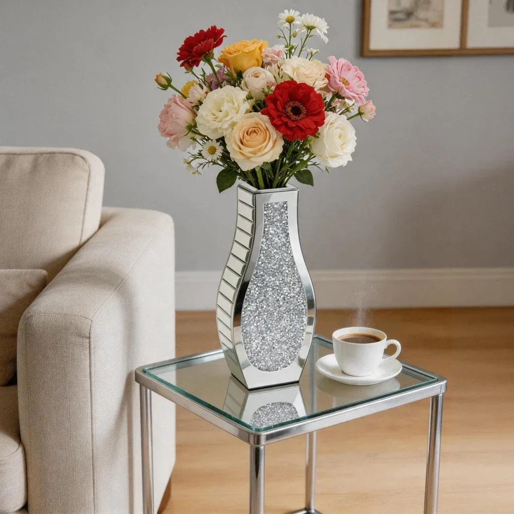 Silver Crushed Diamond Flower Vase Mirrored Glass Decorative Table Vase for view 2