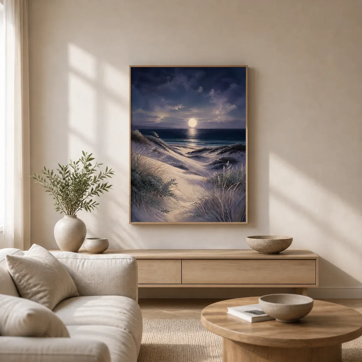 Moonlit Dunes Floating Frame Canvas Wall Art - Portrait - 60W x 80H cm