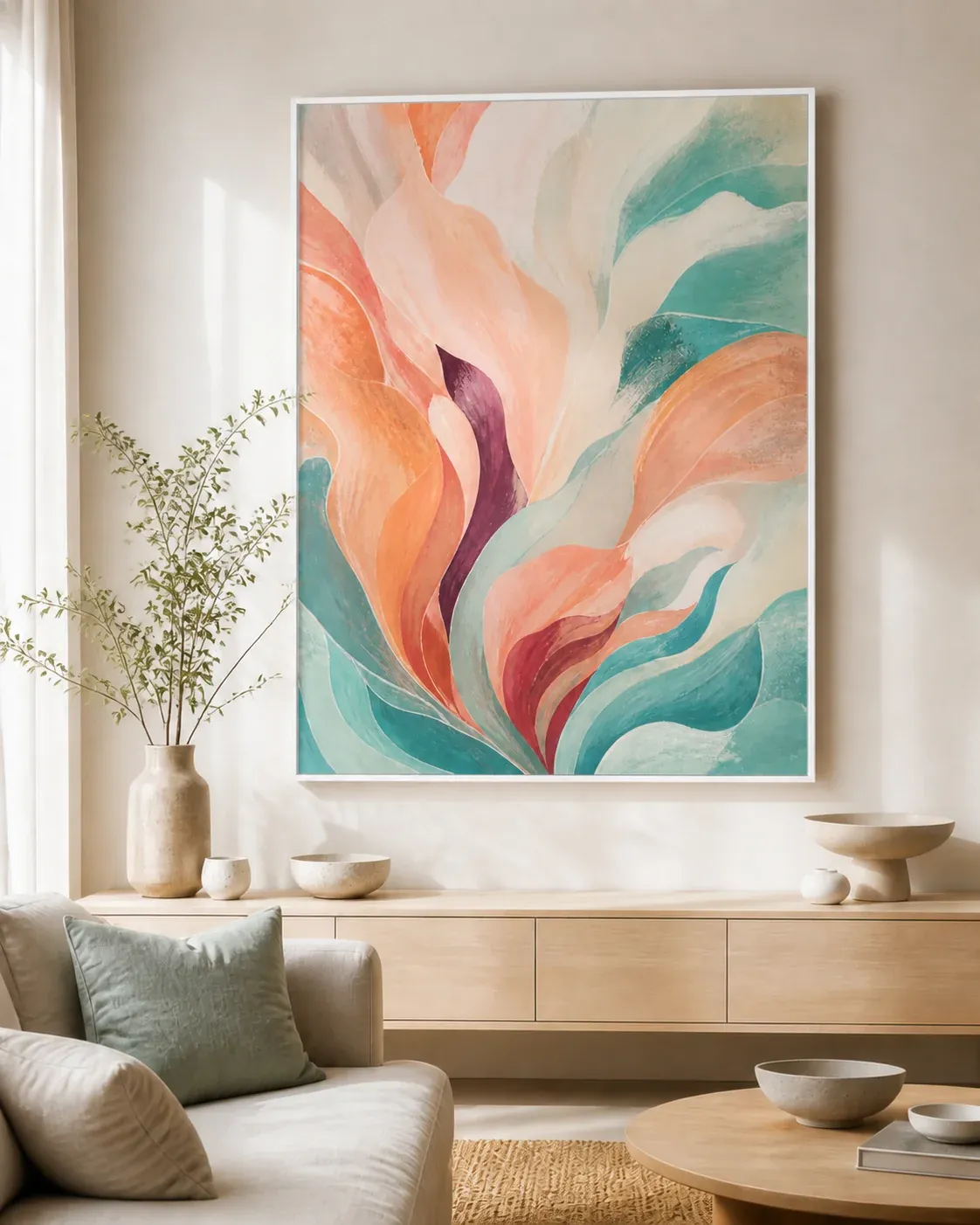 Tidal Bloom Floating Frame Canvas Wall Art - Portrait - 60W x 120H cm - White view 3