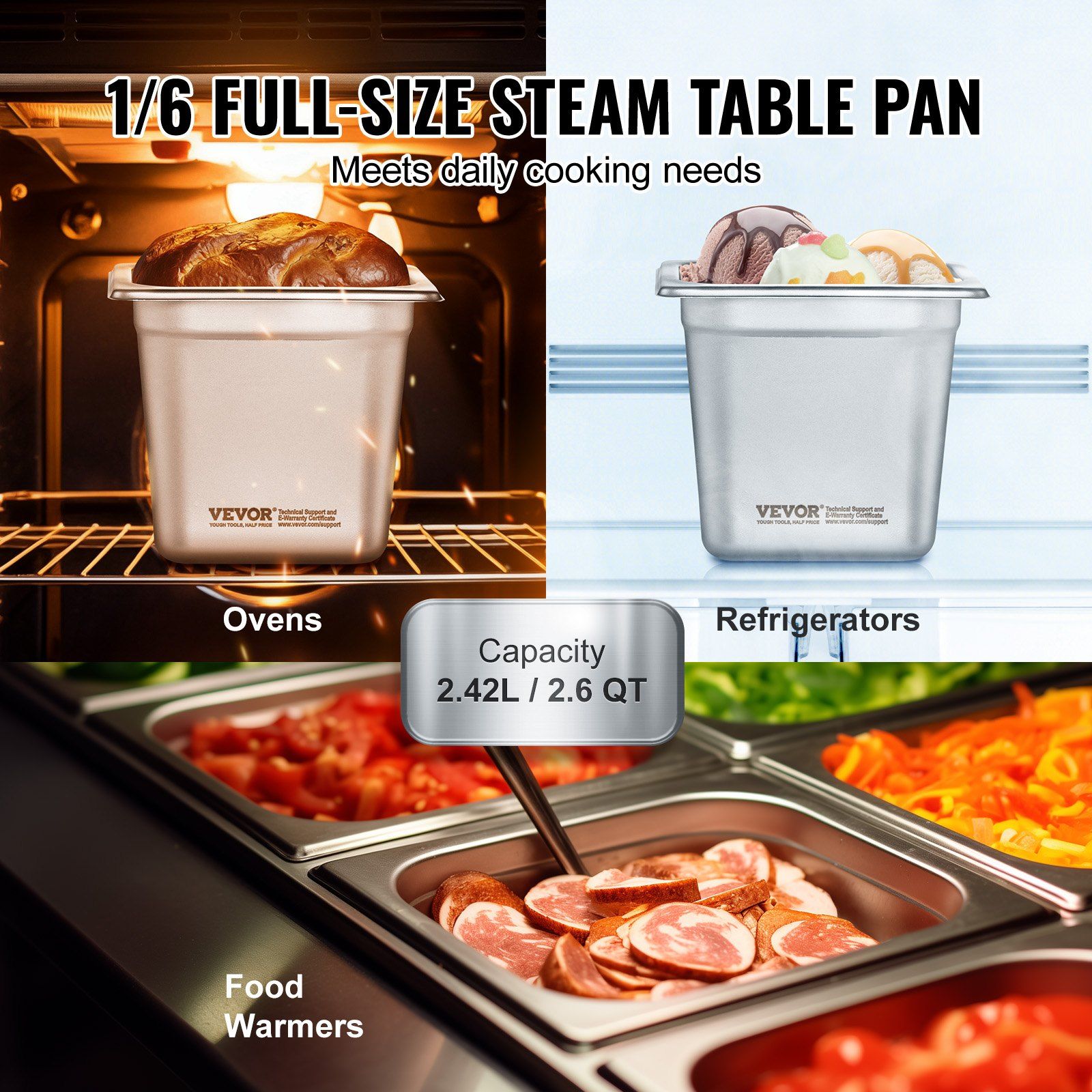 6 Pack 1/6 Size Hotel Pans 6 Inch Deep Anti Jam Steam Table Pans 0.8mm view 2