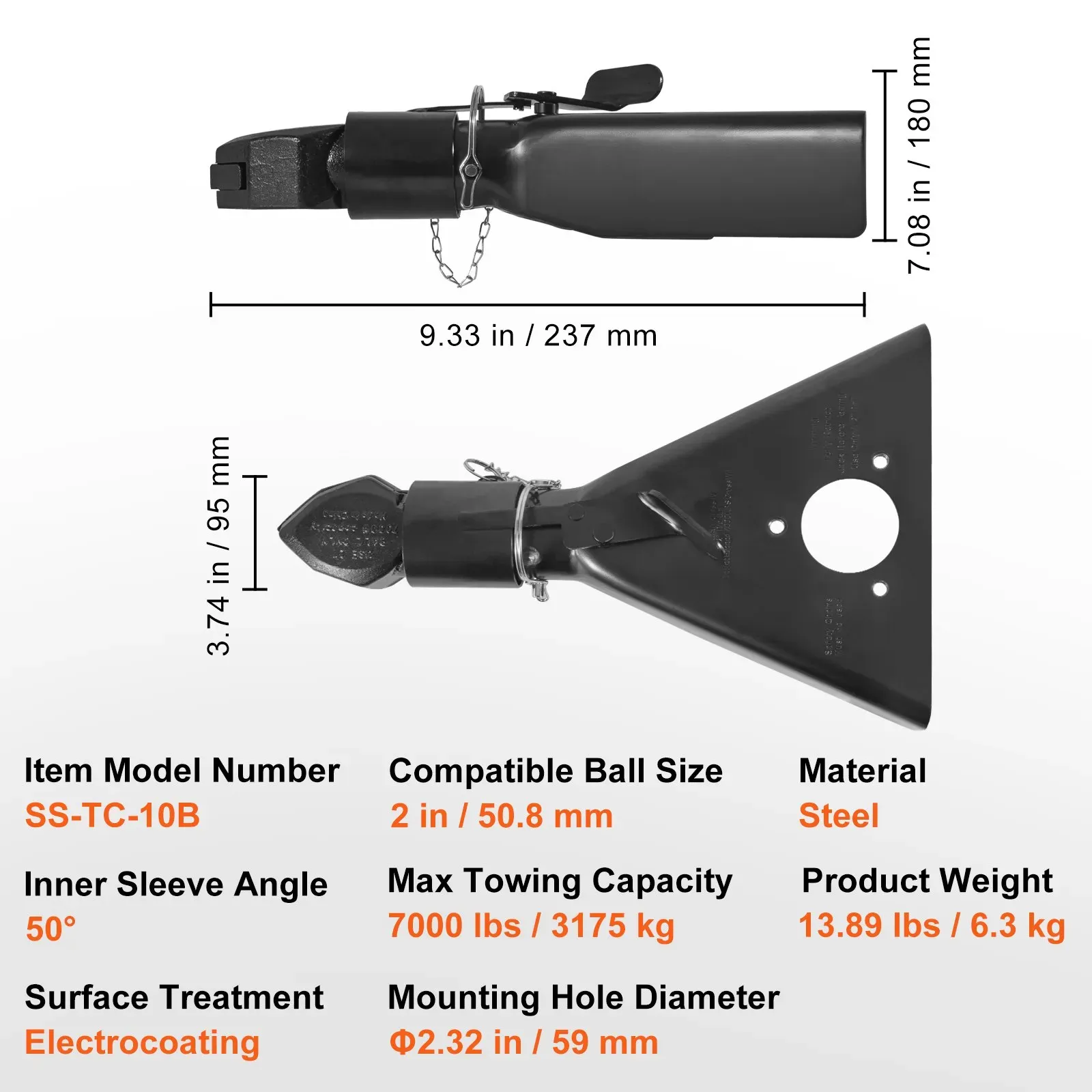 A-Frame Trailer Coupler, Fits 2-Inch Hitch Ball Size, 7000 lbs Towing view 4