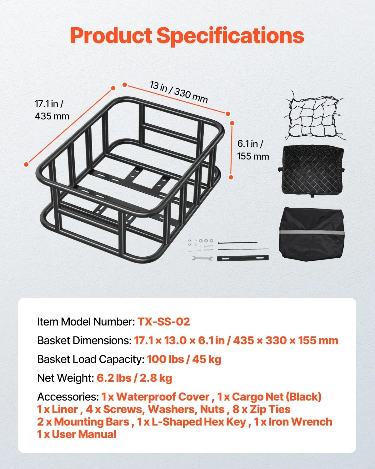 Rear Bike Basket, Medium Bicycle Basket with Cargo Net, Liner & Waterproof view 5
