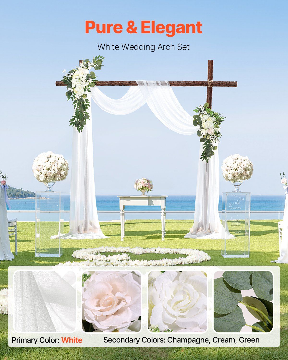 White Artificial Wedding Arch Flower Kit with Sheer Drape (3-Piece Set) - 2 view 2