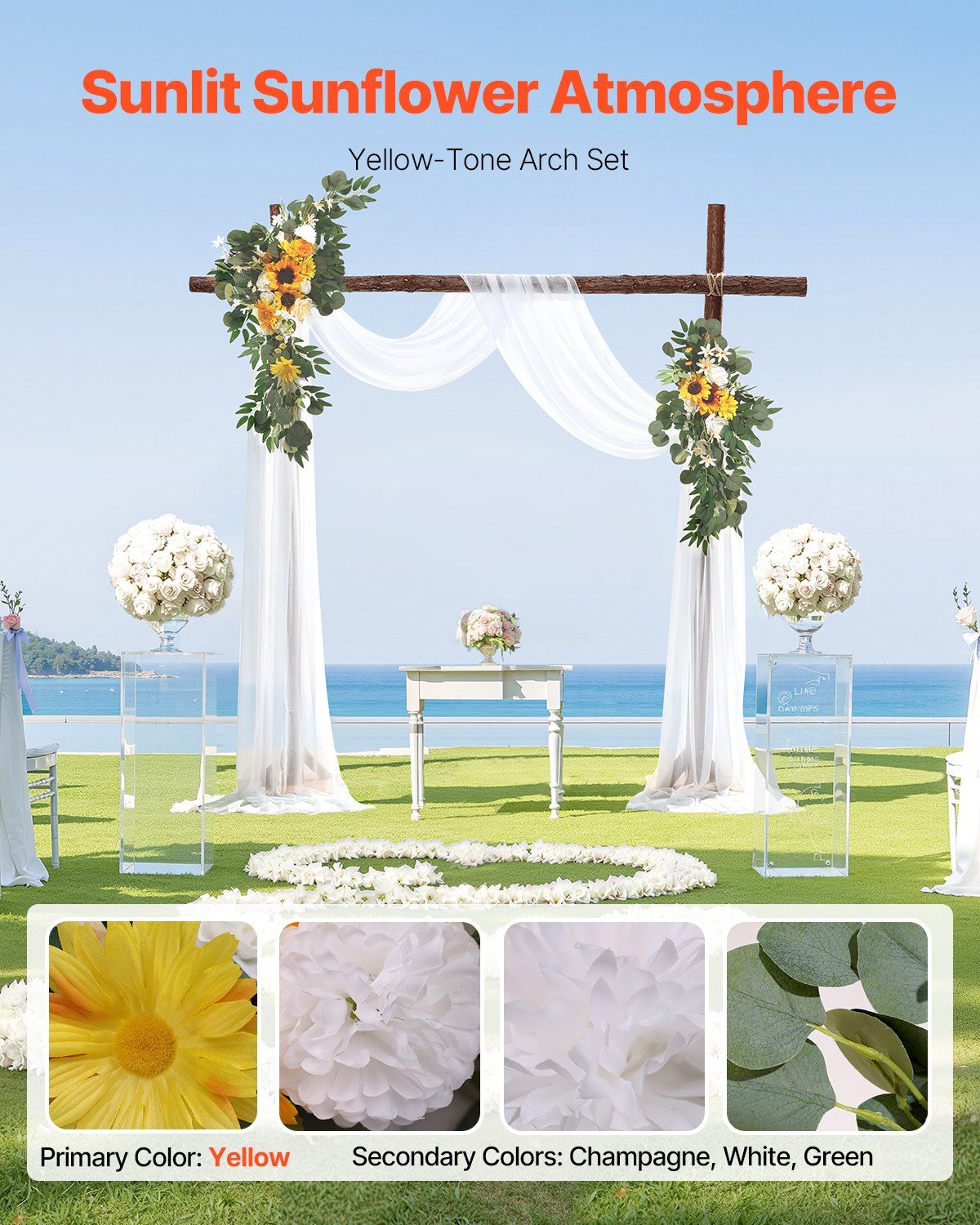 Yellow Artificial Wedding Arch Flower Kit with Sheer Drape (3-Piece Set) - 2 view 2