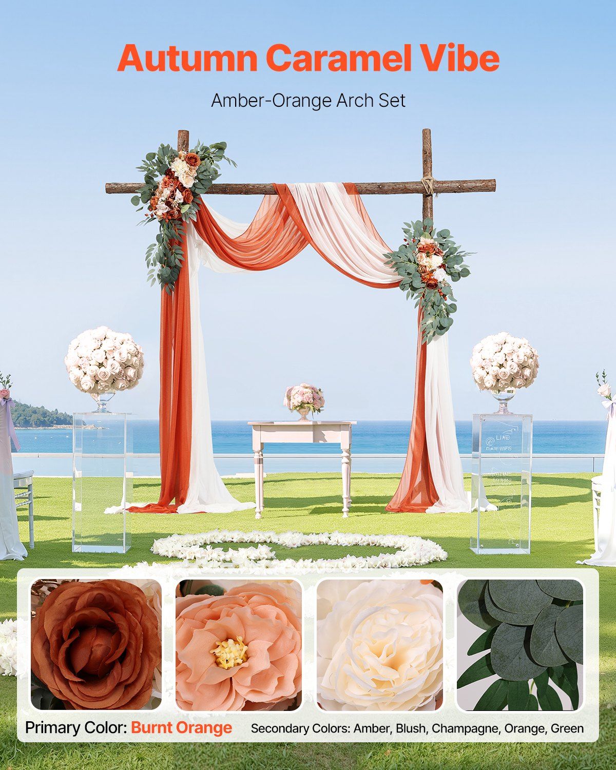 Orange Artificial Wedding Arch Flower Kit with Sheer Drapes (4-Piece Set) - 2 view 2