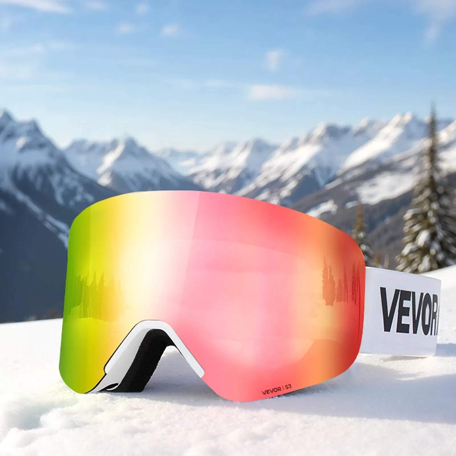 Frameless Ski Goggles, Magnet Cylindrical Lens with Pink Revo Coating, Fit for view 4