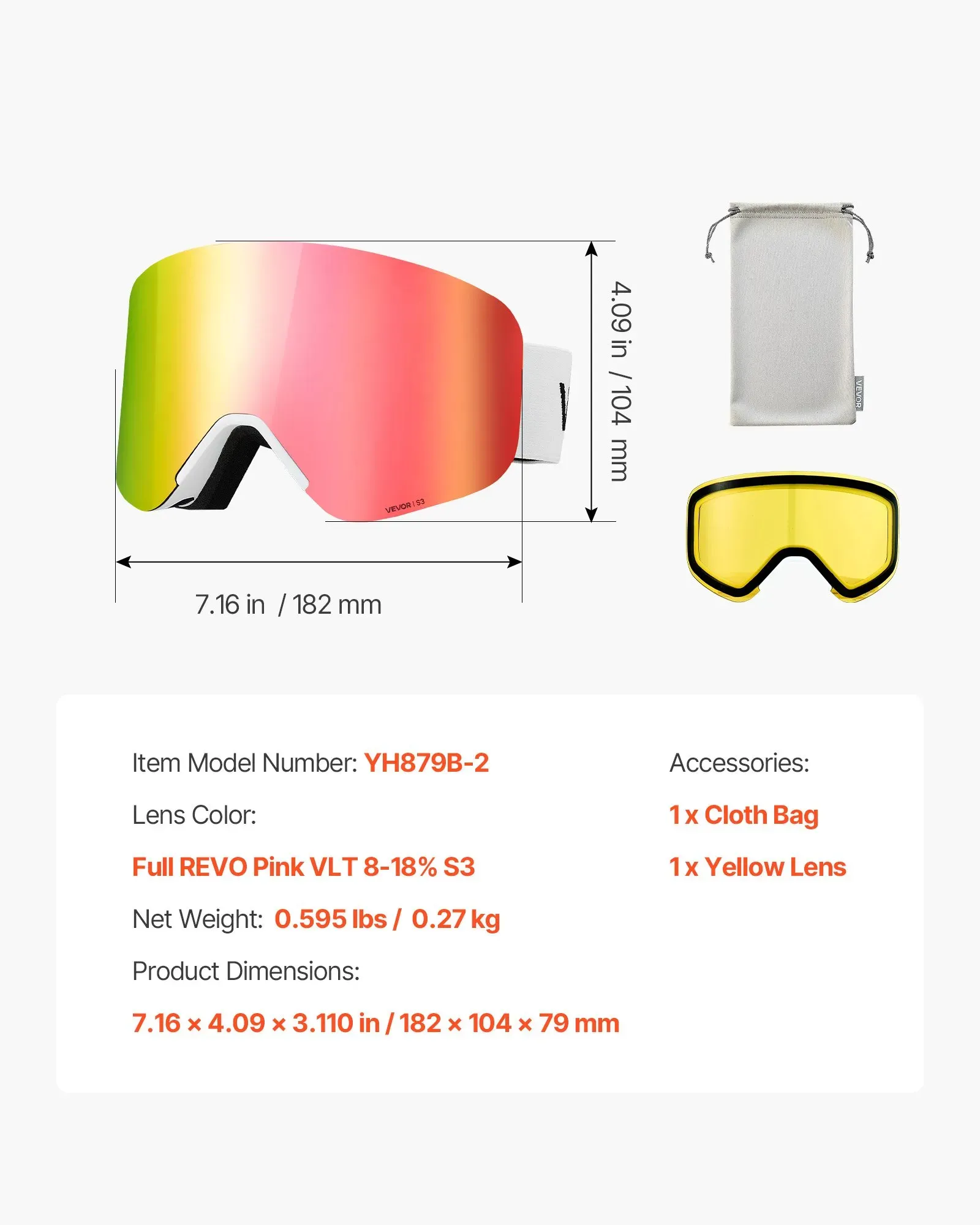 Frameless Ski Goggles, Magnet Cylindrical Lens with Pink Revo Coating, Fit for view 5