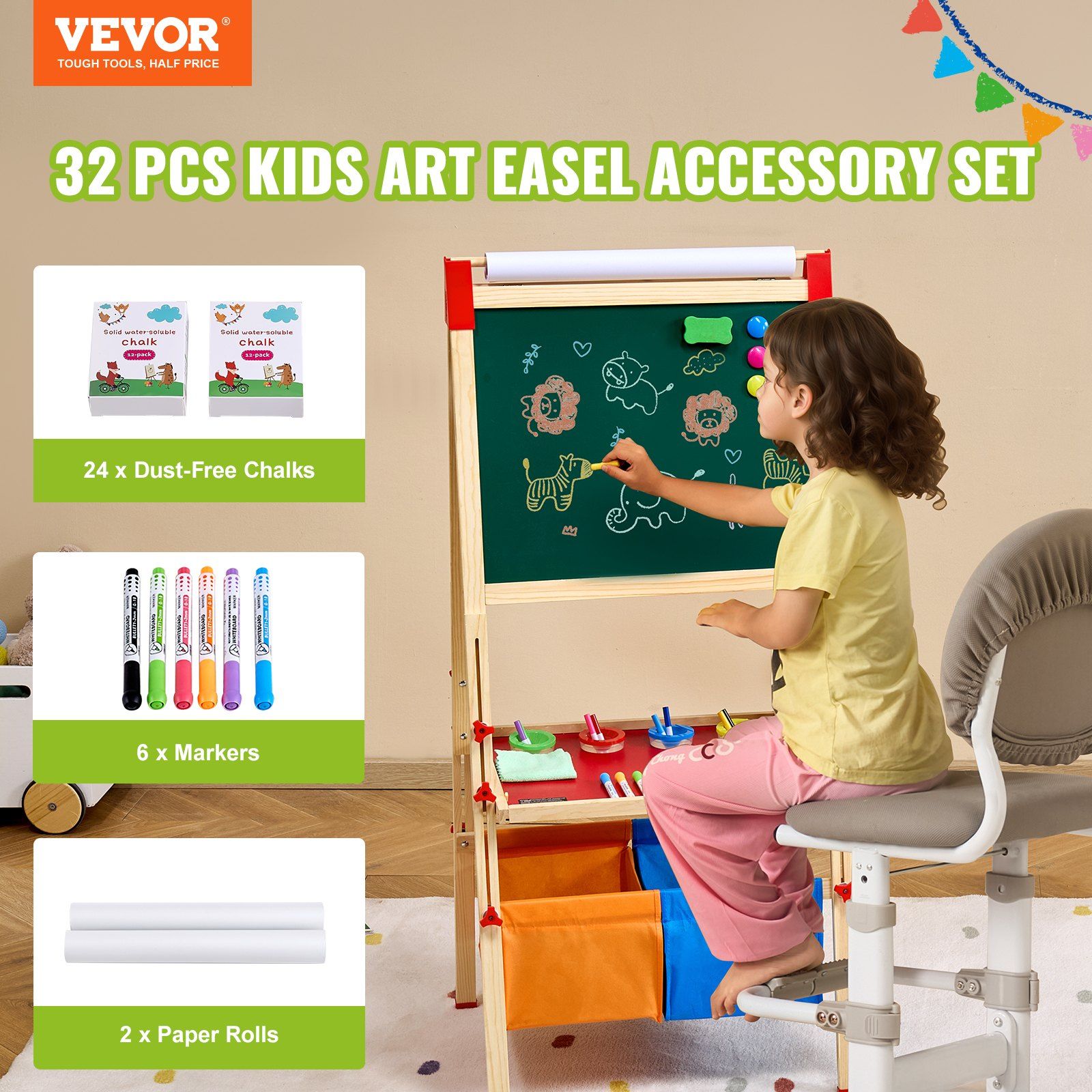 Easel Accessory Set, 32 PCS Kid's Art Easel Painting Kit Including Chalks view 2