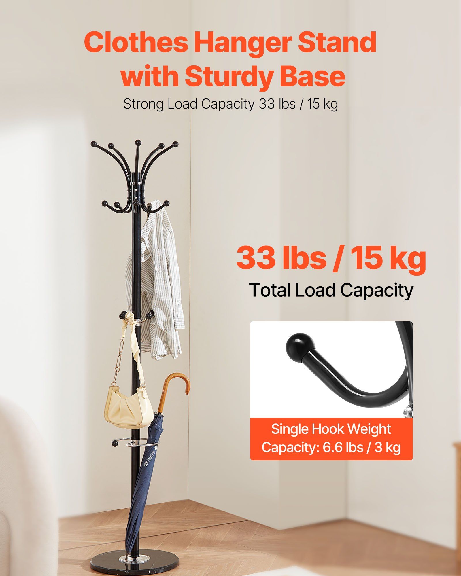 Freestanding Coat Rack, Metal Coats Rack Stand with Umbrella Holder, Stable view 2