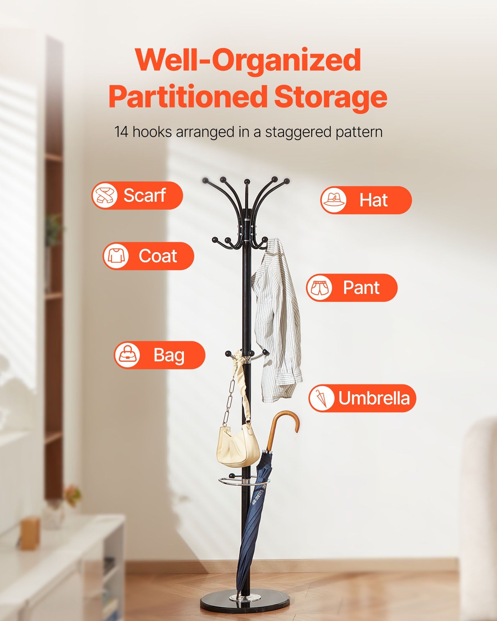Freestanding Coat Rack, Metal Coats Rack Stand with Umbrella Holder, Stable view 5