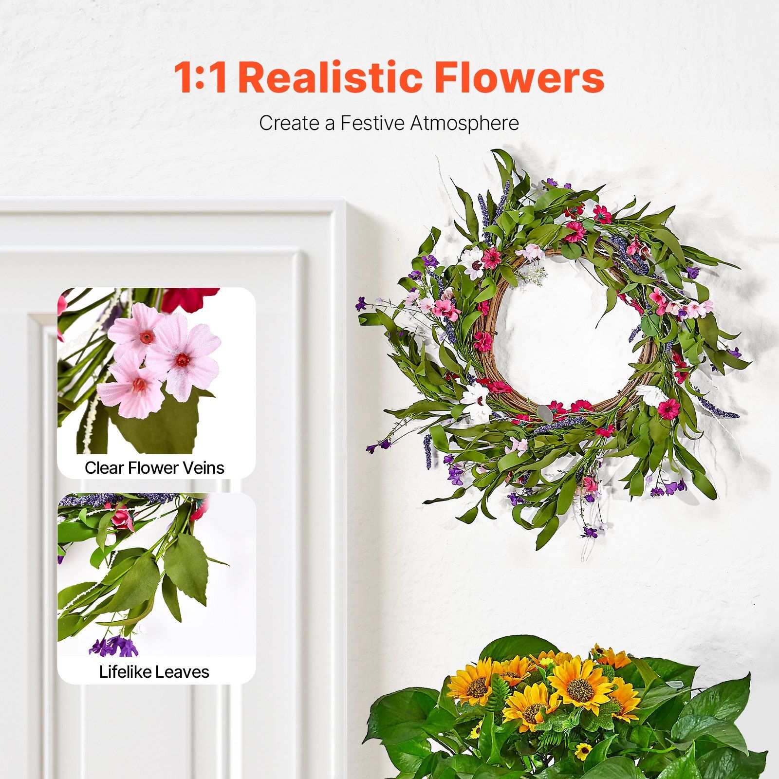 Artificial Decorative Wreath 55.88cm Pink Green Daisy Baby's Breath Floral view 2