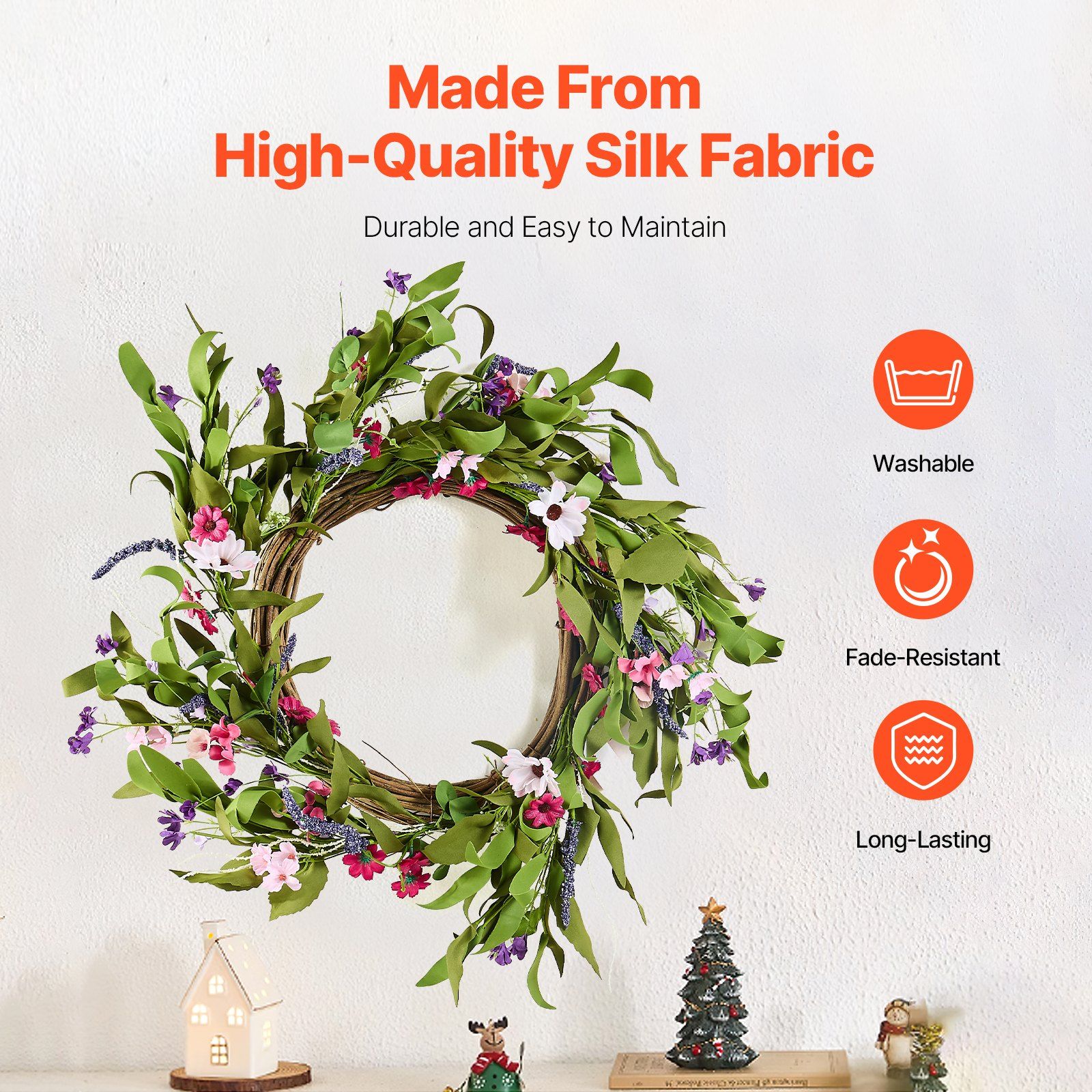 Artificial Decorative Wreath 55.88cm Pink Green Daisy Baby's Breath Floral view 3