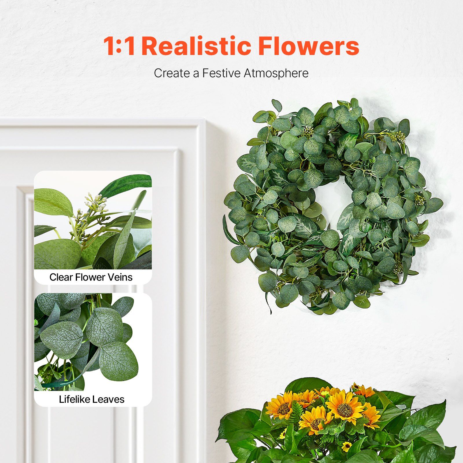 Artificial Decorative Wreath 66.04cm Green Eucalyptus Leaf Wreath with Berries view 2