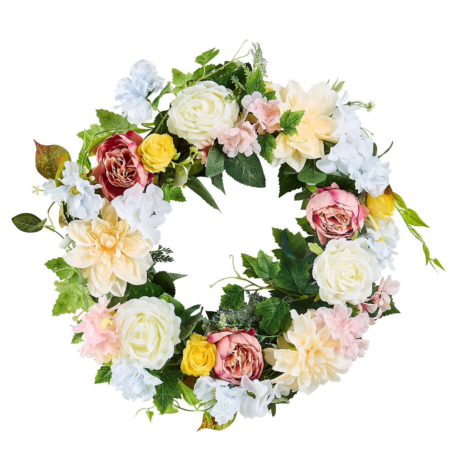 Artificial Decorative Wreath 60.96cm White Pink Yellow Peony Hydrangea Floral