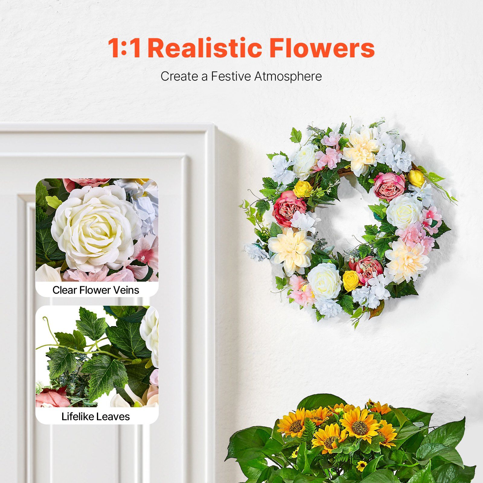 Artificial Decorative Wreath 60.96cm White Pink Yellow Peony Hydrangea Floral view 2