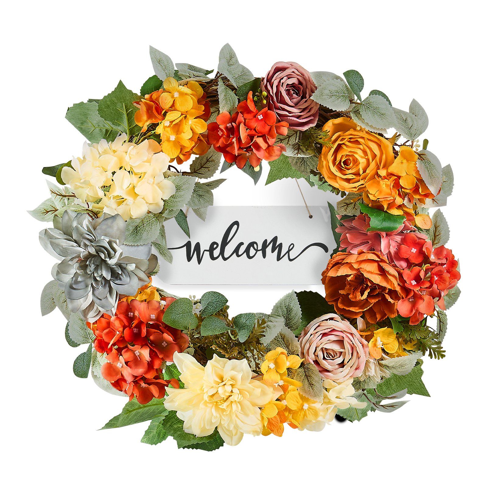Artificial Decorative Wreath 60.96cm Red Orange Yellow Hydrangea Rose Wreath
