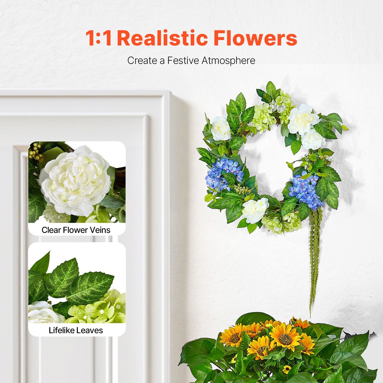 Artificial Decorative Wreath 58.42cm Blue White Green Hydrangea Rose Floral view 2