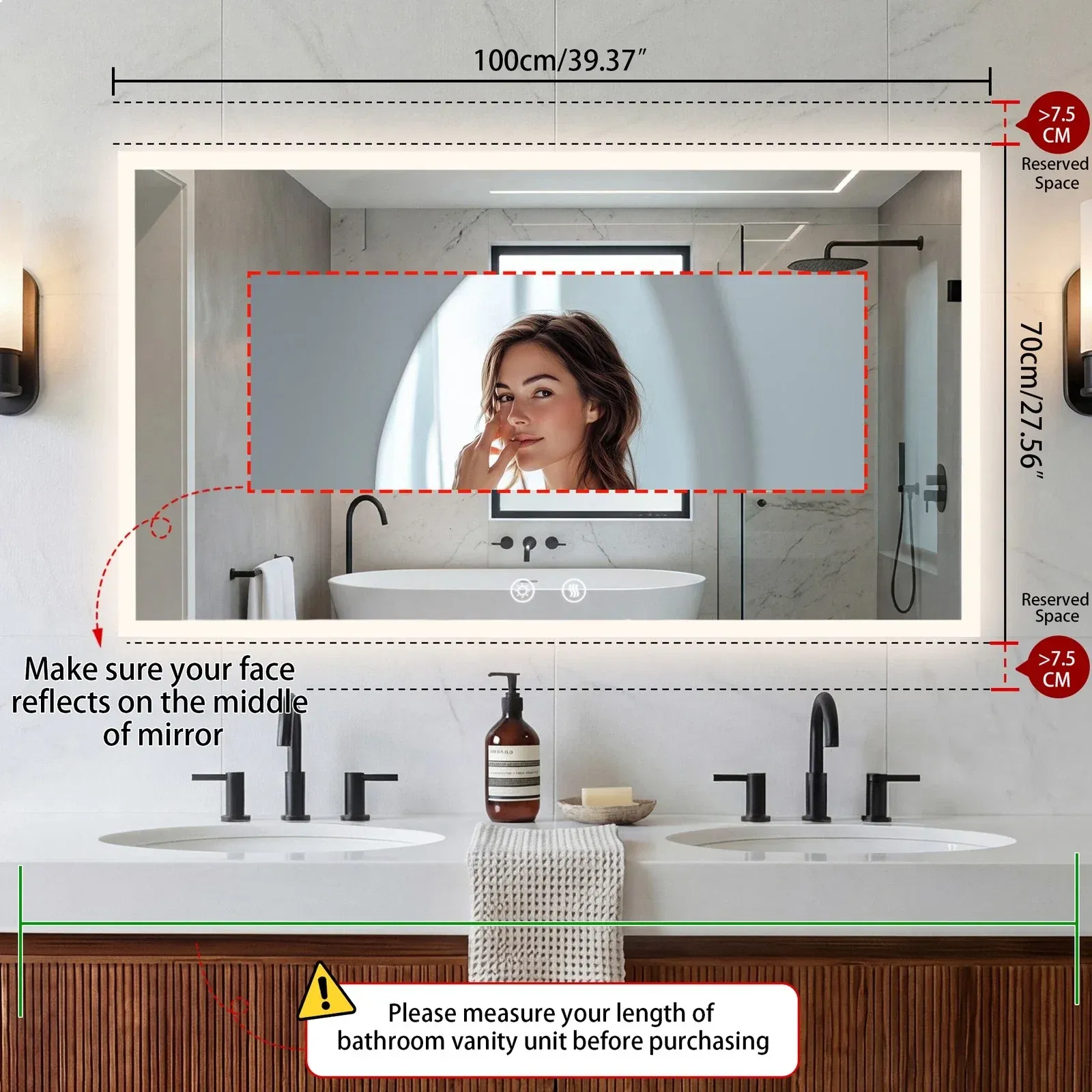 Smart LED Bathroom Mirror Anti-Fog Wall Mounted Vanity Mirror with 3 Color view 4