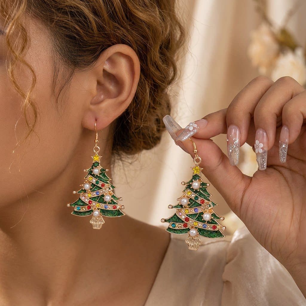Christmas Tree Drop Earrings - 6.7 x 3.5 cm Alloy Festive Earrings with view 2
