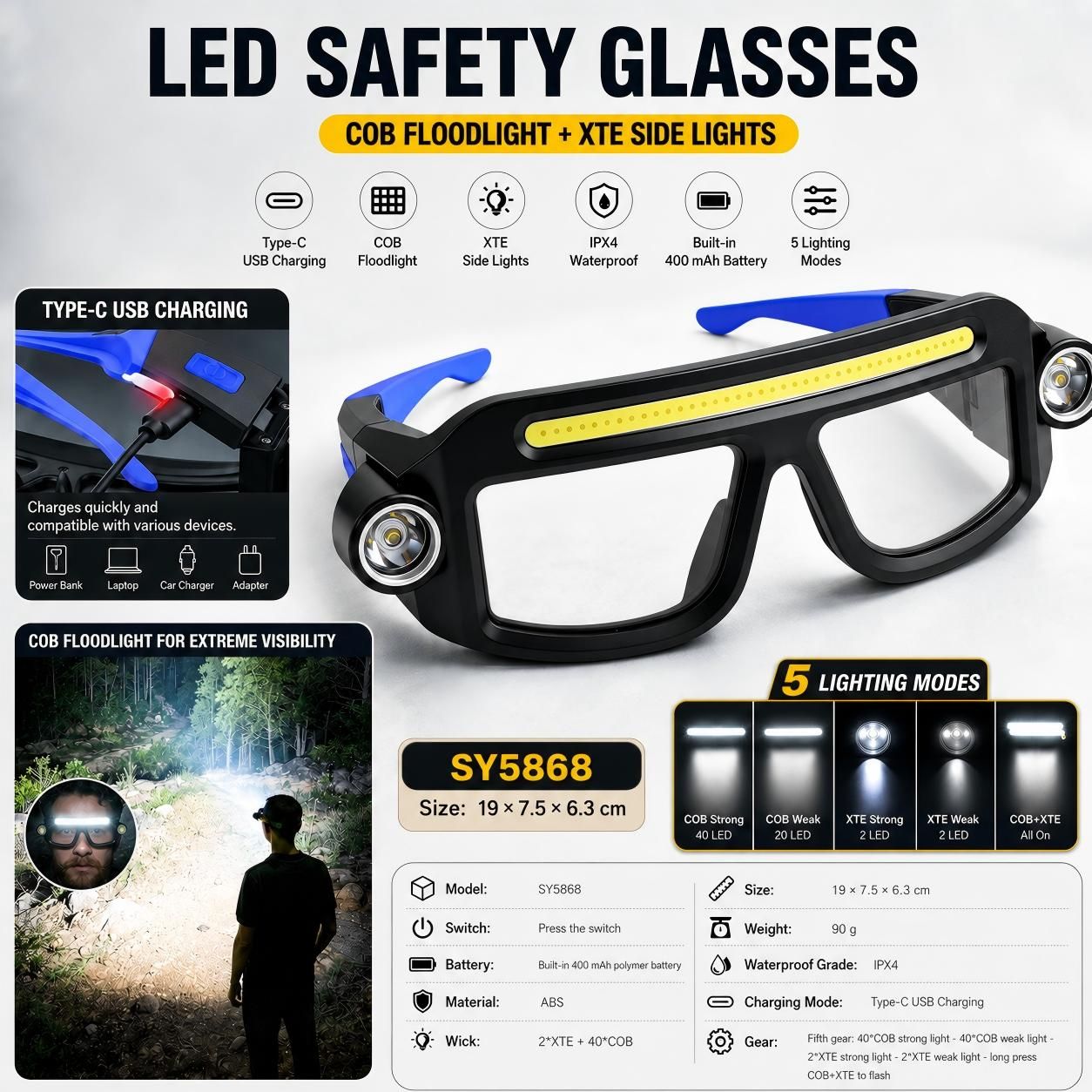 LED Glasses Light Rechargeable USB-C - Blue Hands-Free COB and Dual XTE Headlamp
