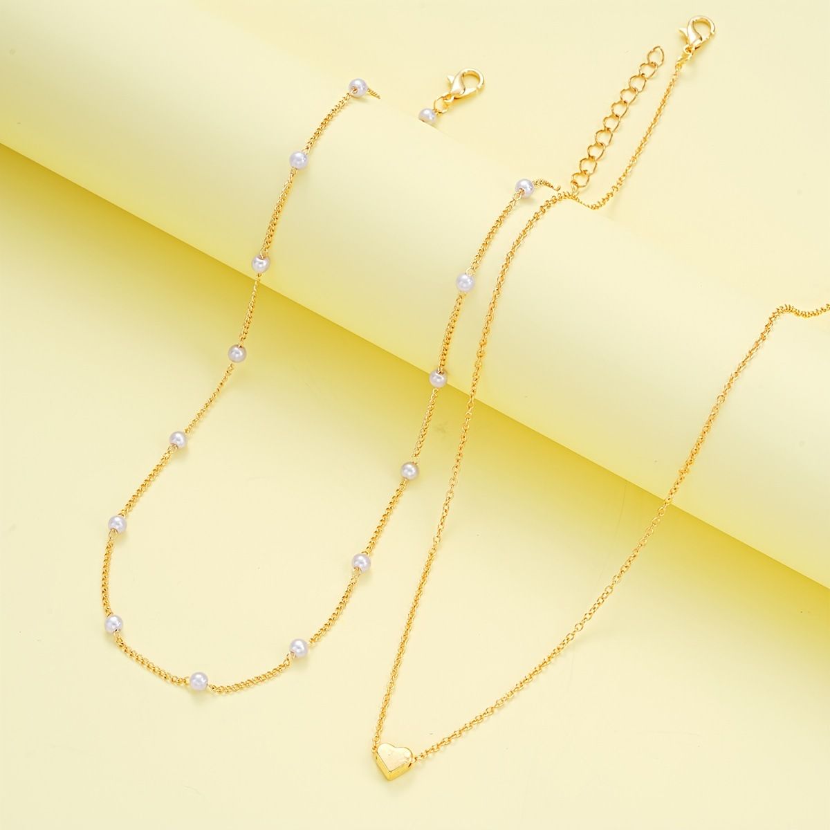 Gold Double-Layer Heart Charm Necklace and Bracelet Set – Women’s Layered view 4