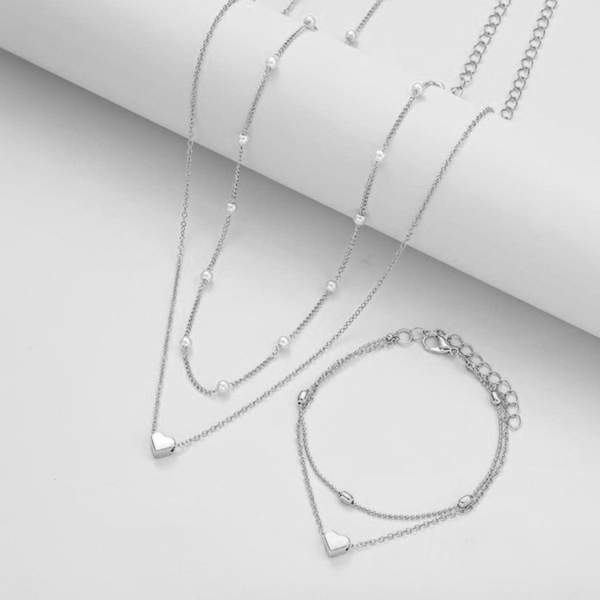 Silver Double-Layer Heart Charm Necklace and Bracelet Set – Women’s Layered
