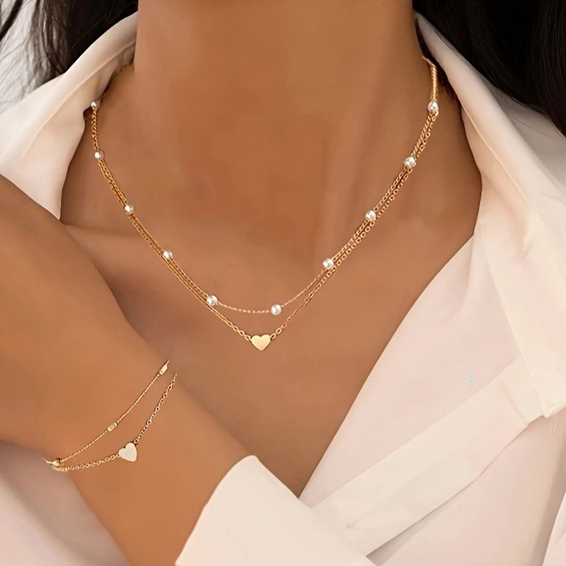 Silver Double-Layer Heart Charm Necklace and Bracelet Set – Women’s Layered view 2