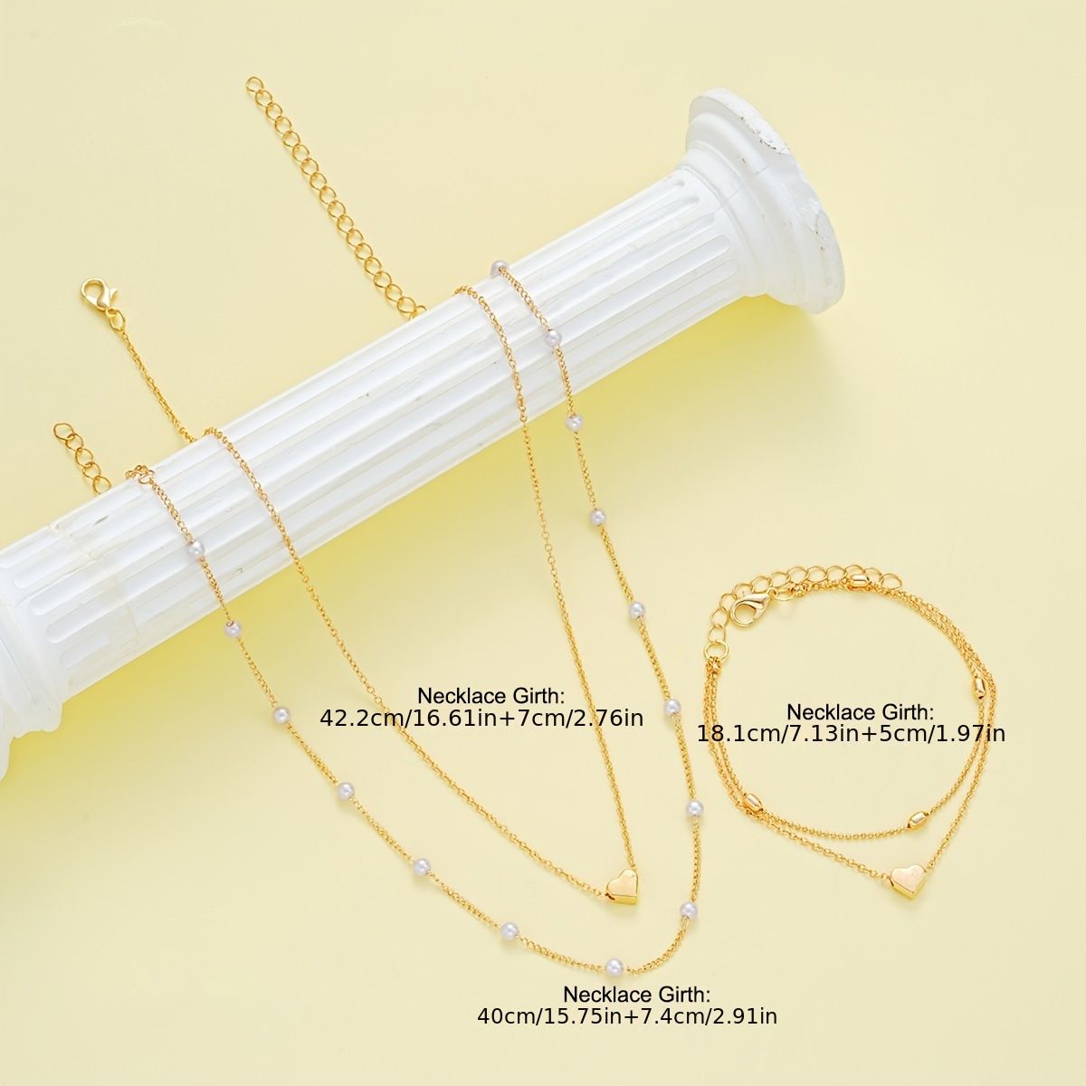 Silver Double-Layer Heart Charm Necklace and Bracelet Set – Women’s Layered view 3
