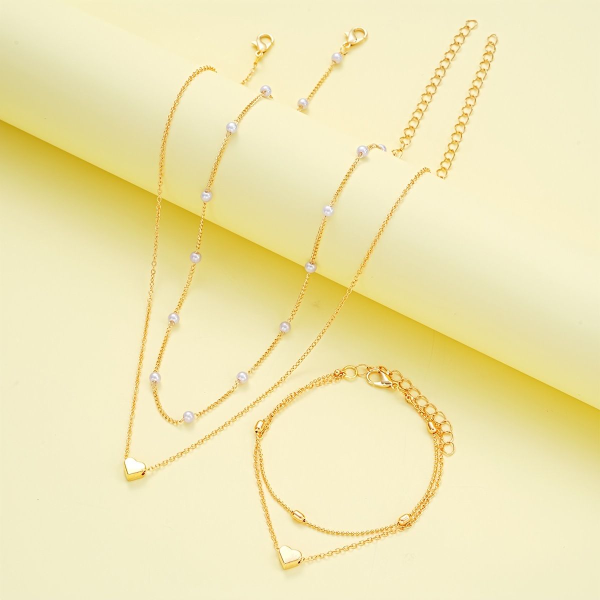 Silver Double-Layer Heart Charm Necklace and Bracelet Set – Women’s Layered view 4