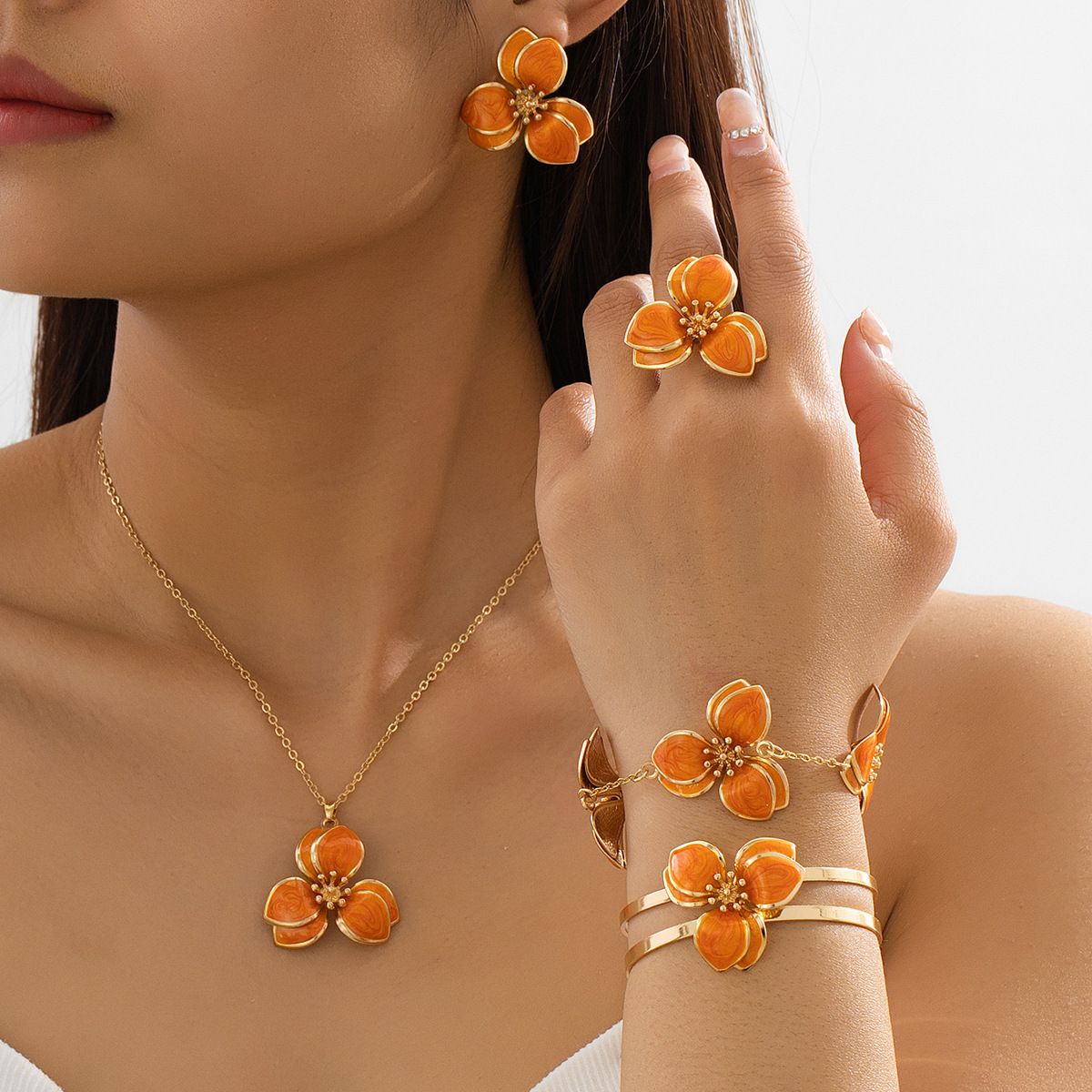 Orange Floral Enamel Jewelry Set – Five-Piece Alloy Accessory Collection with