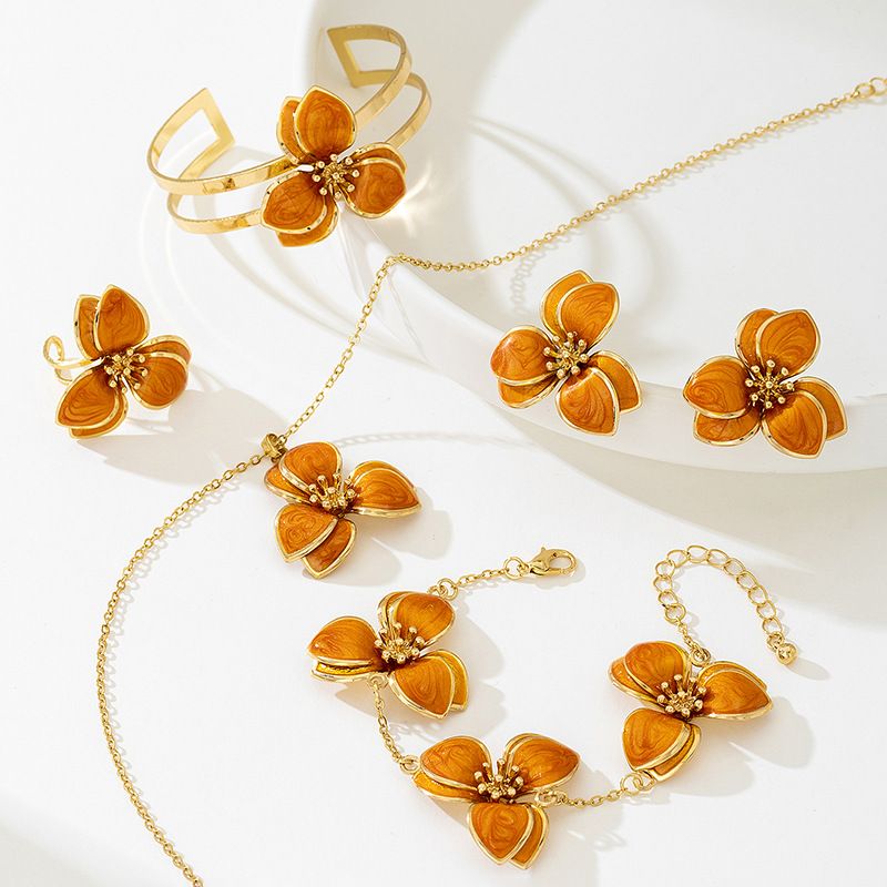 Orange Floral Enamel Jewelry Set – Five-Piece Alloy Accessory Collection with view 2