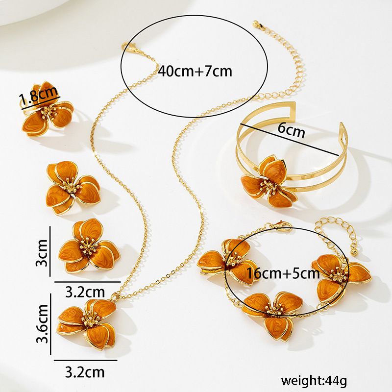 Orange Floral Enamel Jewelry Set – Five-Piece Alloy Accessory Collection with view 4
