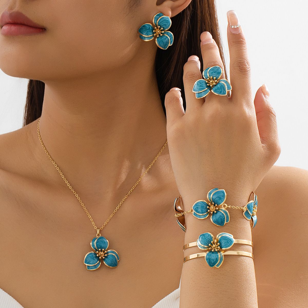 Blue Floral Enamel Jewelry Set – Five-Piece Alloy Accessory Collection with
