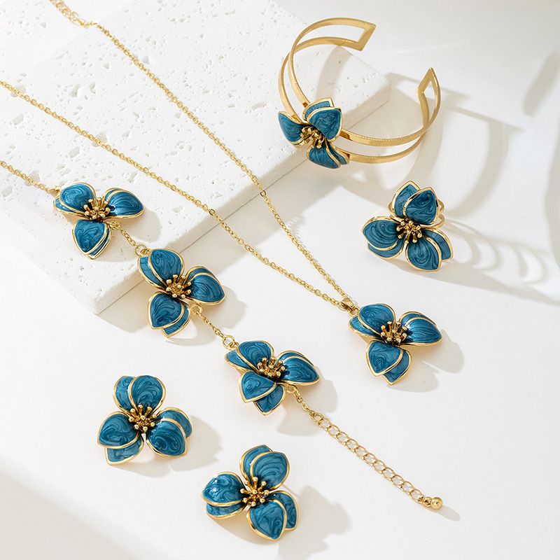 Blue Floral Enamel Jewelry Set – Five-Piece Alloy Accessory Collection with view 3