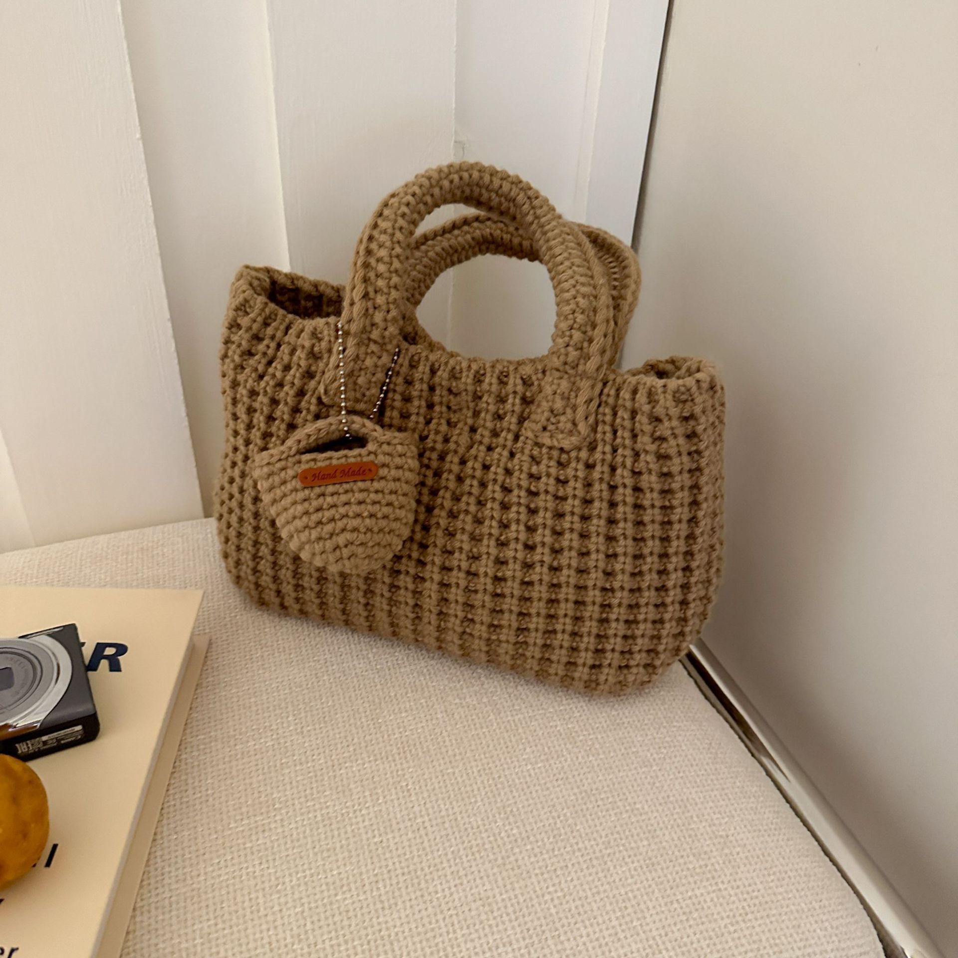 Khaki Handcrafted Crochet Tote Bag – Vintage-Style Woven Cotton-Yarn Look Bag