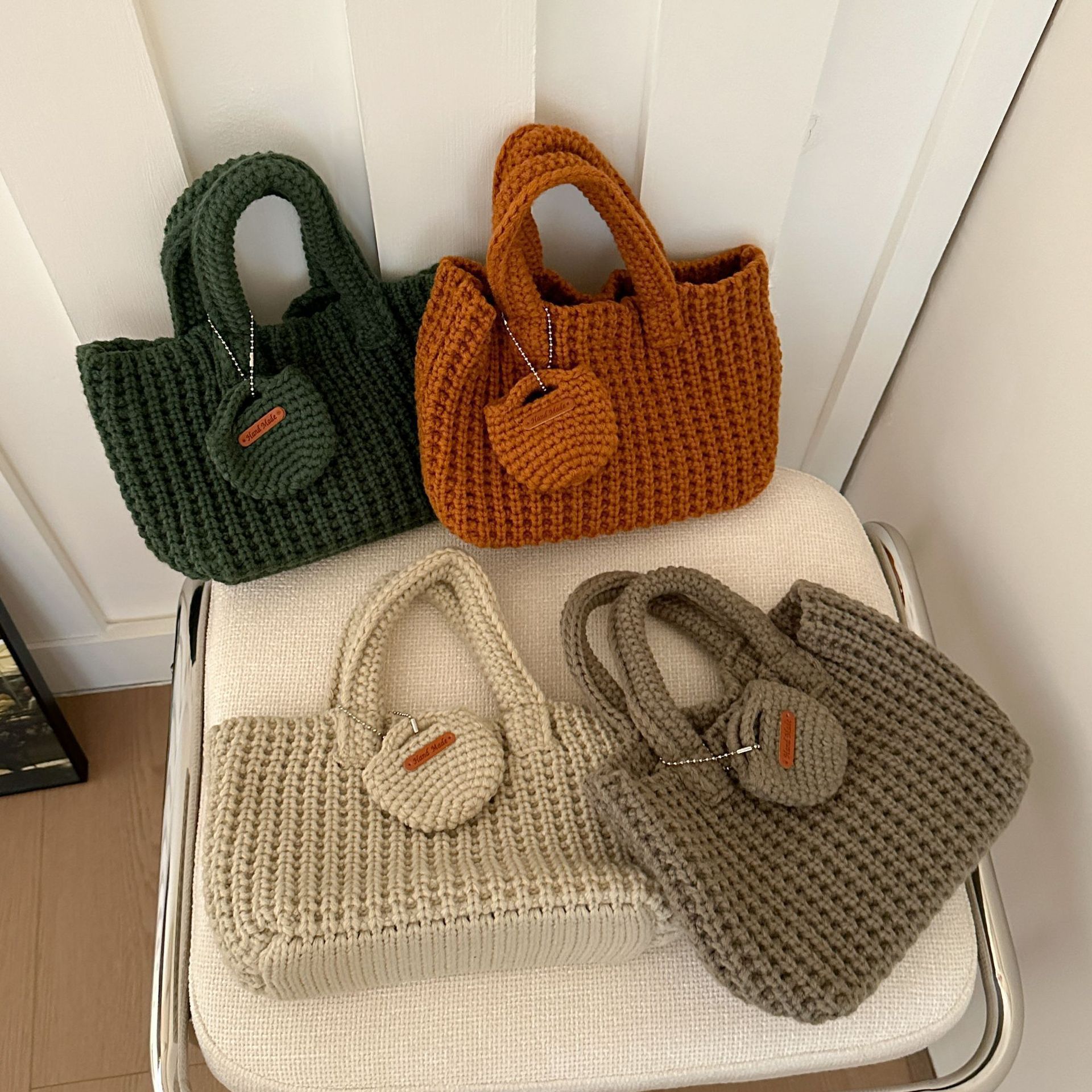 Khaki Handcrafted Crochet Tote Bag – Vintage-Style Woven Cotton-Yarn Look Bag view 2