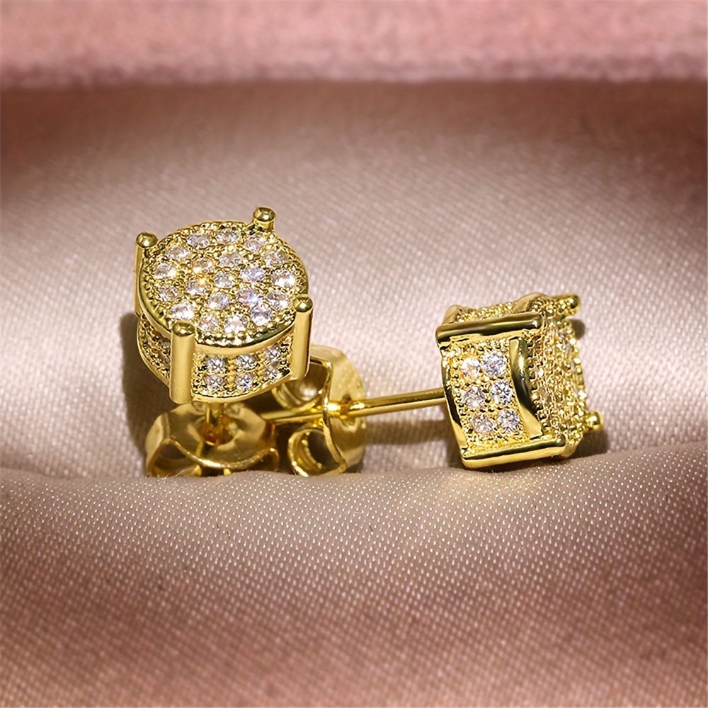 Gold Unisex Round Crystal Stud Earrings – Full-Pave Micro-Set Alloy Ear Jewelry view 2