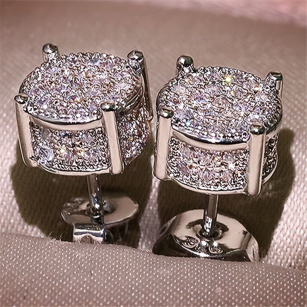 Silver Unisex Round Crystal Stud Earrings – Full-Pave Micro-Set Alloy Ear Jewelry view 2