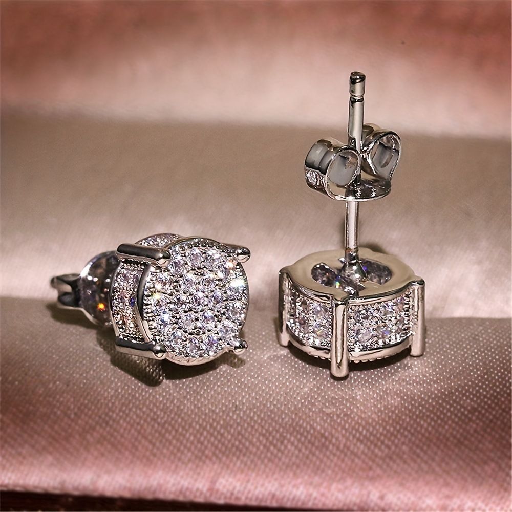 Silver Unisex Round Crystal Stud Earrings – Full-Pave Micro-Set Alloy Ear Jewelry view 4