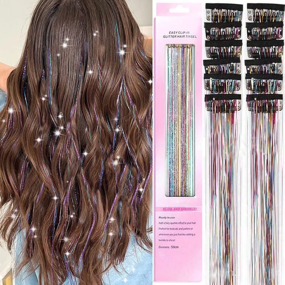 Colorful Laser Iridescent Hair Extensions – 12-Piece Clip-In Highlight Strands