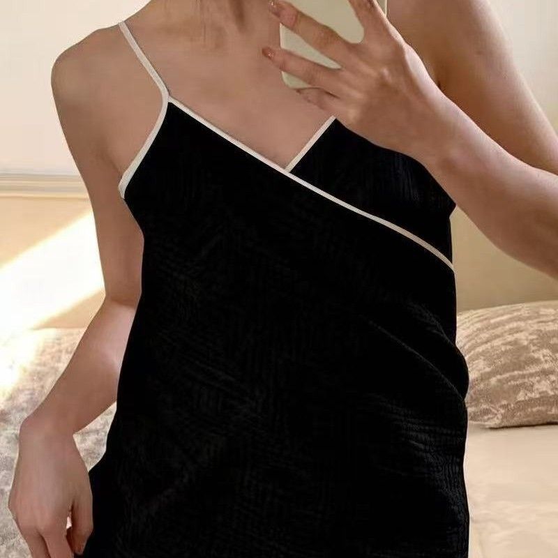 Black Linen-Feel Cotton Gauze Bath Wrap – Lightweight