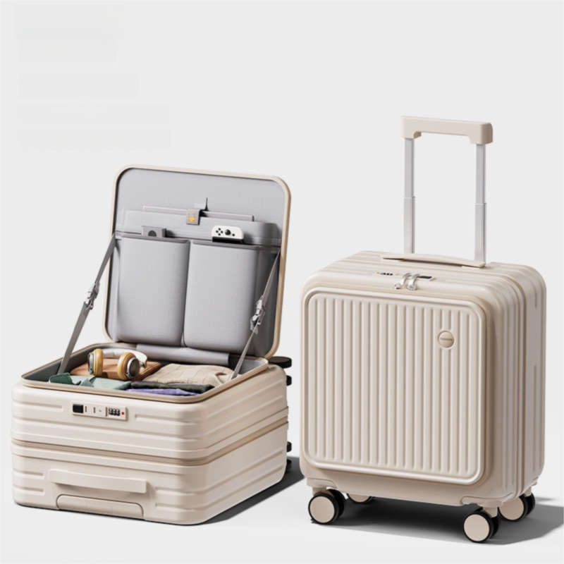 Beige Front Opening Carry On Luggage 18 Inch - Lightweight Hard Shell Suitcase